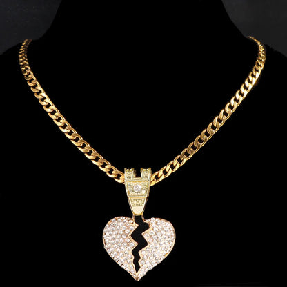 Iced Out Bling Rhombus Cuban Link Chain Necklace Broken Heart Pendant