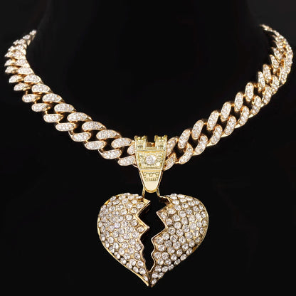 Iced Out Bling Rhombus Cuban Link Chain Necklace Broken Heart Pendant