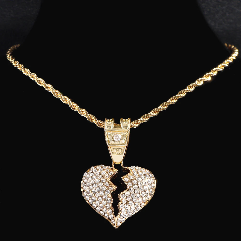 Iced Out Bling Rhombus Cuban Link Chain Necklace Broken Heart Pendant