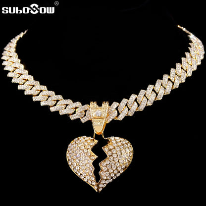 Iced Out Bling Rhombus Cuban Link Chain Necklace Broken Heart Pendant