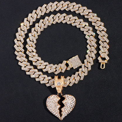 Iced Out Bling Rhombus Cuban Link Chain Necklace Broken Heart Pendant
